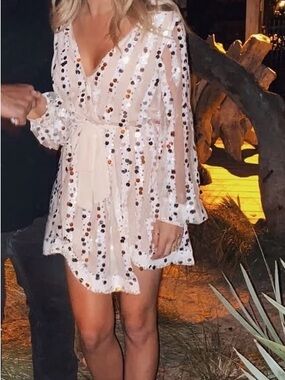 Shimmer Sequin Ivory Mini Dress with Tie Waist